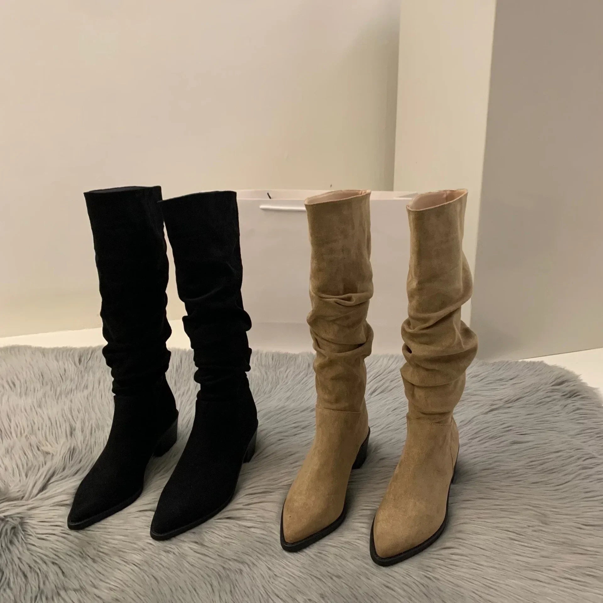 Women's Suede High-heeled Boots for Autumn and Winter 2025, New Plush Pointed Stacking Boots, Fashionable Outdoor Knight Boots