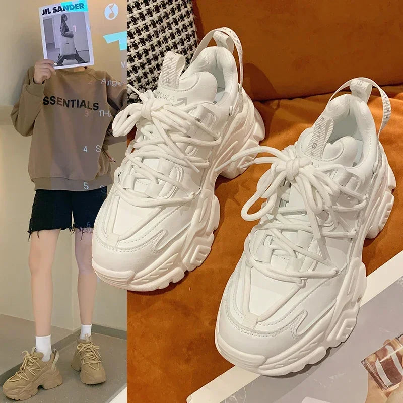 Platform Sneakers for Women Fashion White Lace Up Running Shoes Casual Comfortable Round Toe Chunky Sport Shoes Zapatos De Mujer