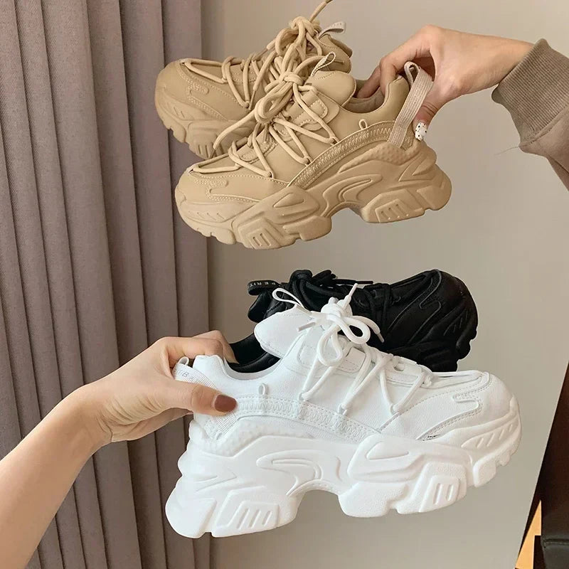 Platform Sneakers for Women Fashion White Lace Up Running Shoes Casual Comfortable Round Toe Chunky Sport Shoes Zapatos De Mujer