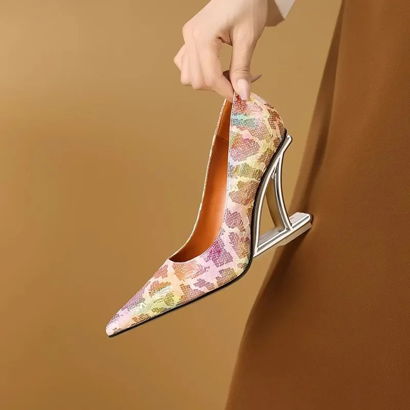 Pumps Women Shoes Flower Totem Slip-On Shallow Shoes Wedding Party Pointed Toe High Heels Pump Femme Special-shaped heel