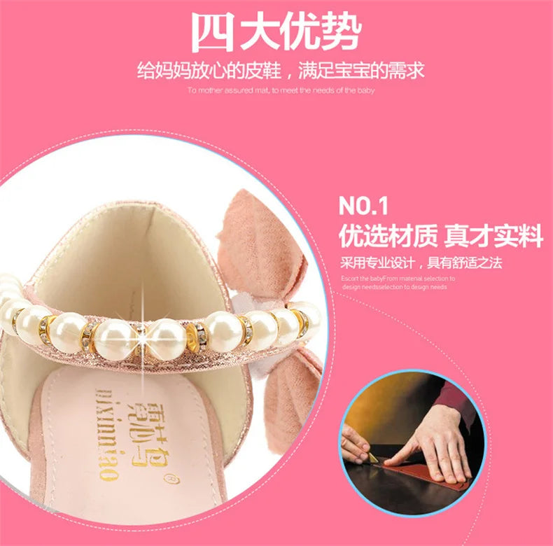 Girls Wedding Shoes Glitter New Brand Flat Heels Children Princess Sandals Dance Kids Fashion Party Shoes with Pearl