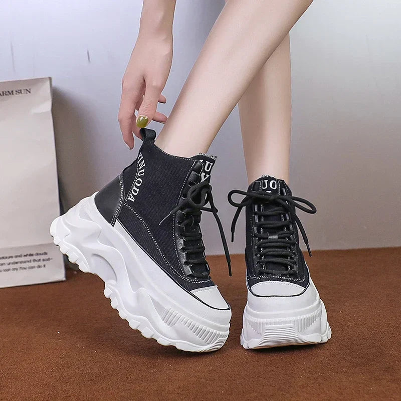 Women Sneakers High Top Platform Breathable Leather Shoes 2023 Autumn Ladies Wedges Casual Shoes For Woman Sports Dad Shoes 8CM