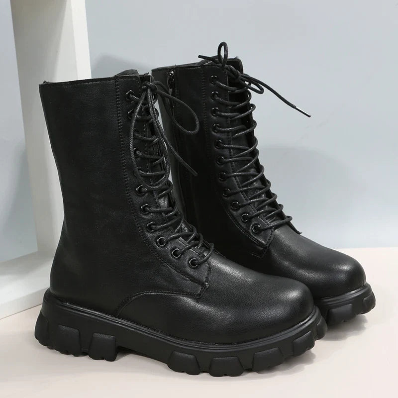 Boots Women 2022 Autumn Winter PU Leather White Ankle Boots Motorcycle Botines Female Chunky Heels Platform Boots Botas Mujer