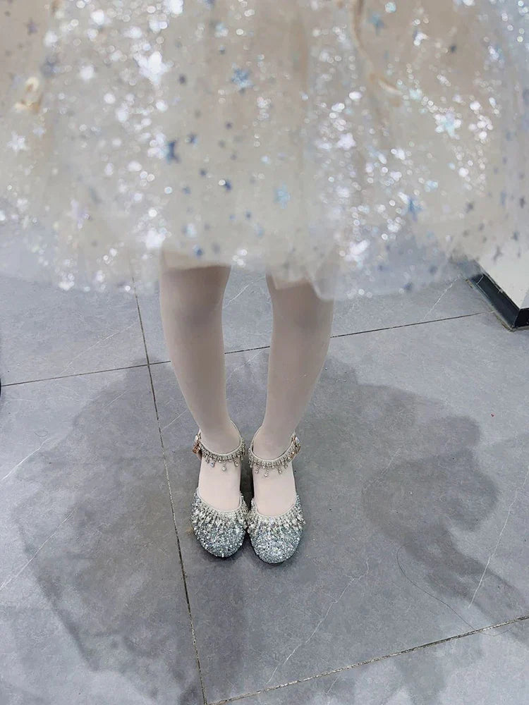 Girls' high-heeled princess shoes model catwalk show silver children's dress shoes shiny stage crystal sandals
