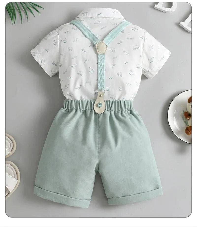 1-6Y Summer  Baby Boys Formal Costume Short Sleeve Bow Tie T-Shirt+Suspender Shorts Wedding Parties Festivals Gentleman Clothing