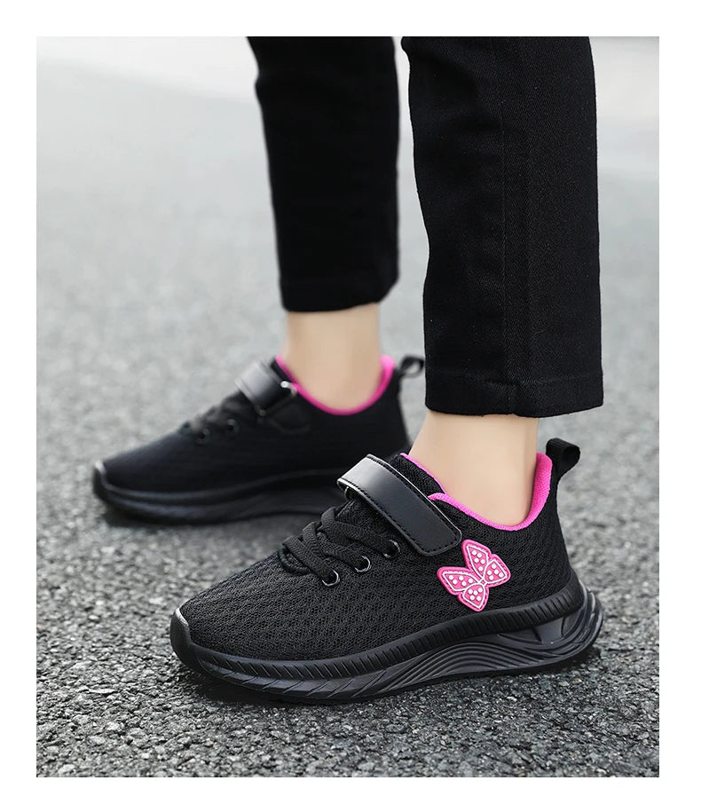 Girls Sports Running Shoes with Velcro Breathable Mesh Casual Sneakers Toddler Girl Lightweight Walking Shoes Non-Slip Sole