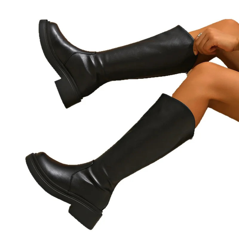 Women's High-top Fashion Boots Spring Autumn Round Toe High-Heeled Boots with Back Zipper Comfortable Simple High-Top Boots