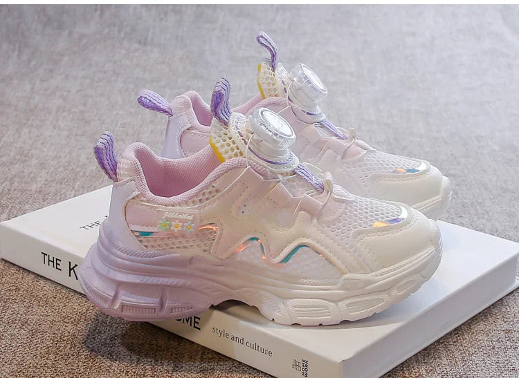 Girls Sneakers with Sweet Flowers Children Running Shoes Rotating Button 2025 New Kids Sports Shoes Princess Style Comfortable