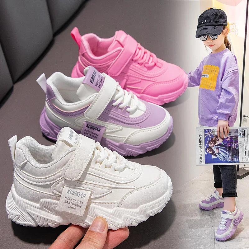 Spring New Kids Sneakers 2023 PU Girls Casual Mesh Solid Pink Light Boys White Hook & Loop Children Non-slip Sports Shoe Fas