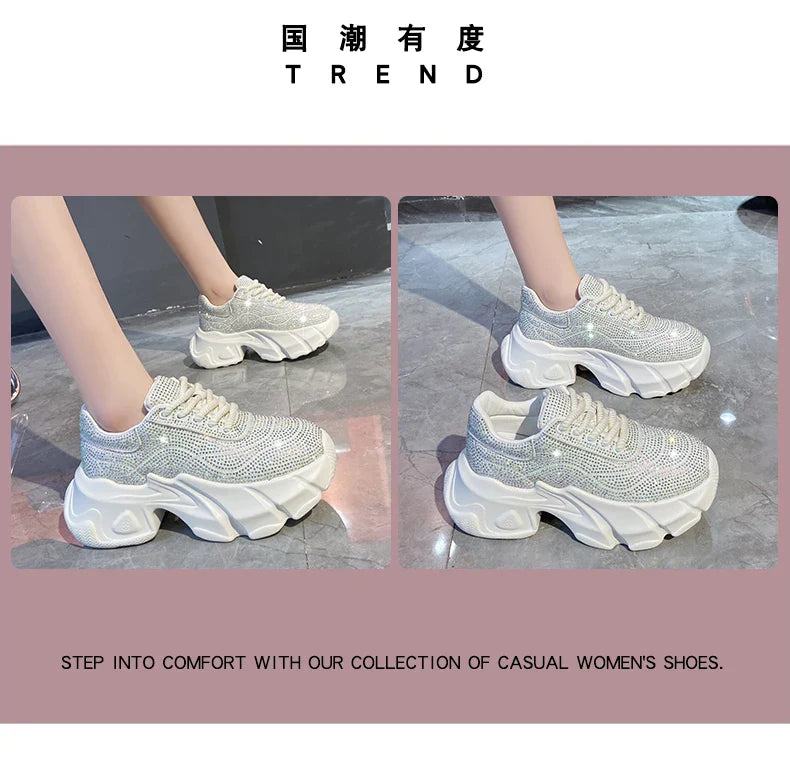 Shoes for Women 2024 New Shiny Rhinestone Women's Sneakers Shoes Autumn Korean Fashion Thick Sole Sports Shoes Zapatos De Mujer