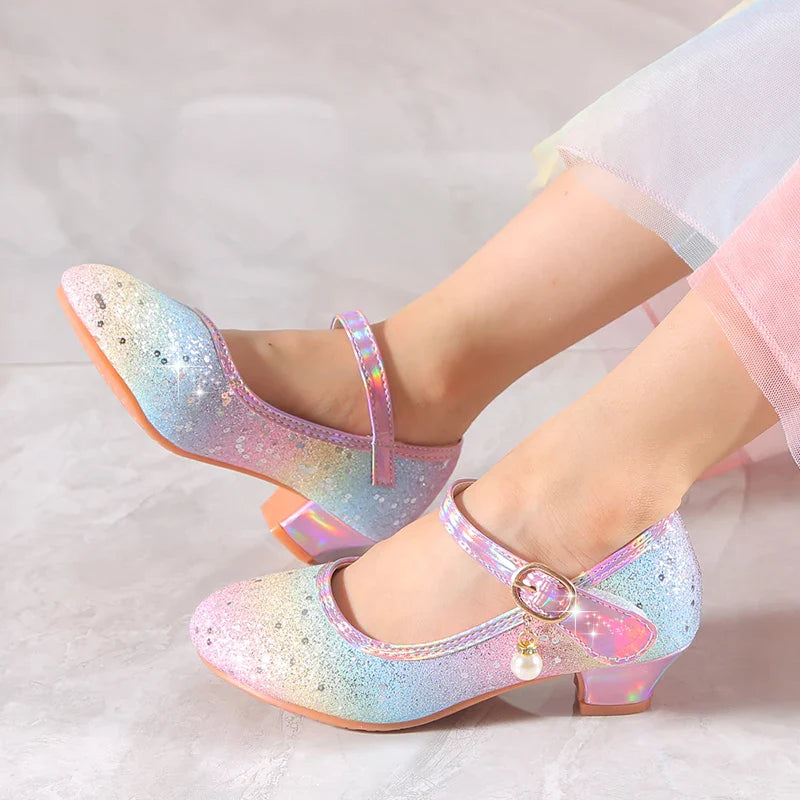 YUNICUS Girls High Heels Princess Shoes Students Children's Single Shoes Little Girl Performance Sequins Glitter Leather Shoes