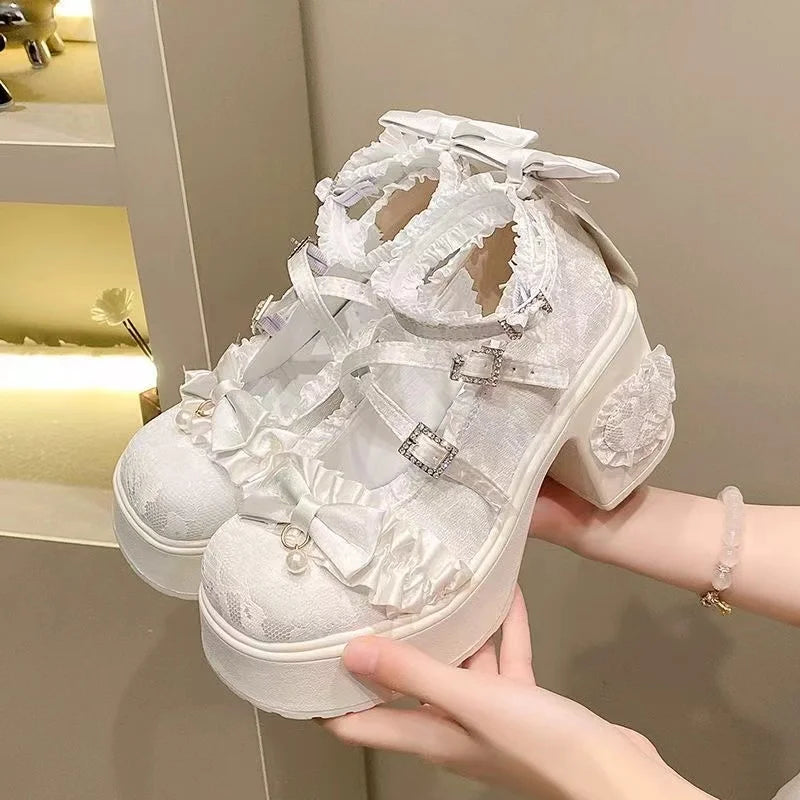 New Princess Shoes with Elegant Temperament Soft Sole Lace Lolita Original Thick Heel Height Increasing Mary Jane Single Shoe