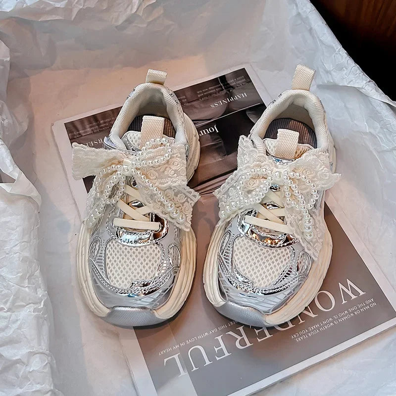 Girls Running Shoes with Sweet Mesh Bow Kids Sports Shoes Breathable 2025 New Fashion Children Sneakers Princess Style Cute