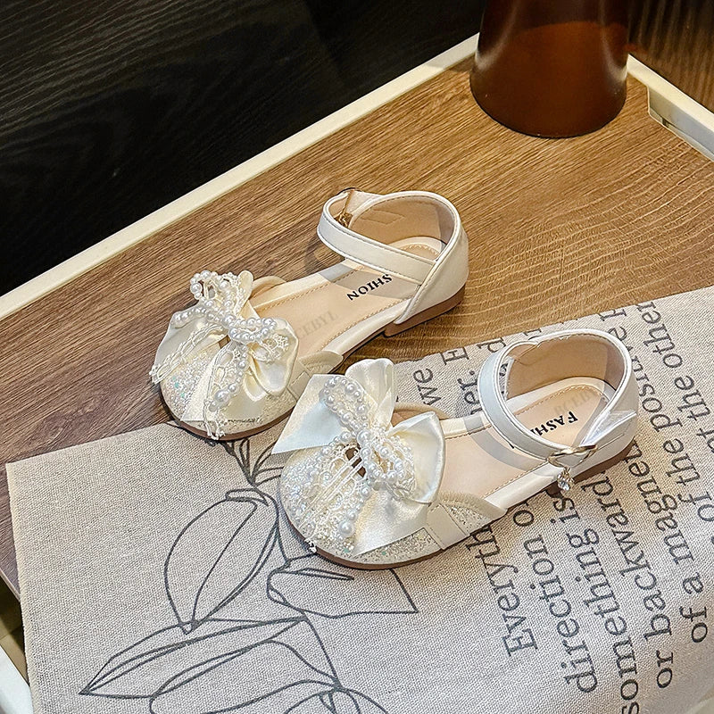 Baby Girls Summer Fashion Soft Lightweight Elegant Beaded Bow Flat Sandals Kids One-piece Cute Cartoon Dance Princess Shoes