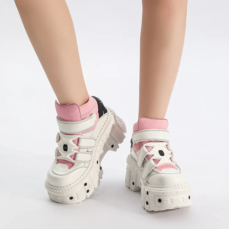2025  Woman Sneakers New Punk Style Women Shoes Gothic Ankle Rock Boots Lace-up Heel Height Platform Shoes Woman Metal Decor