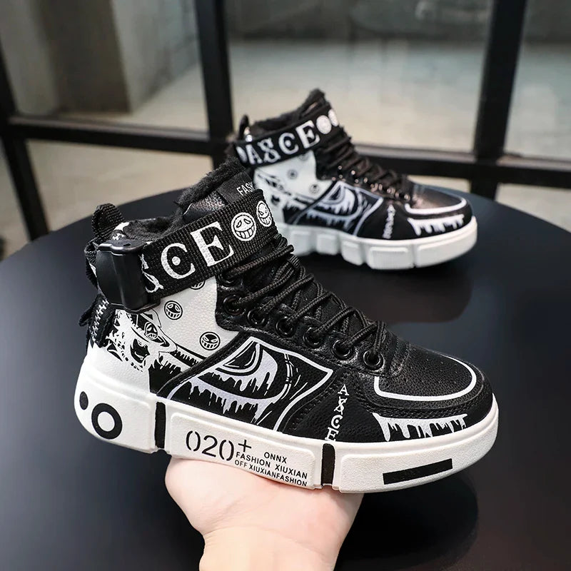 Boys' high-top sneakers Autumn/Winter new style children's sports shoes Buckle student soft-soled fleece casual shoes