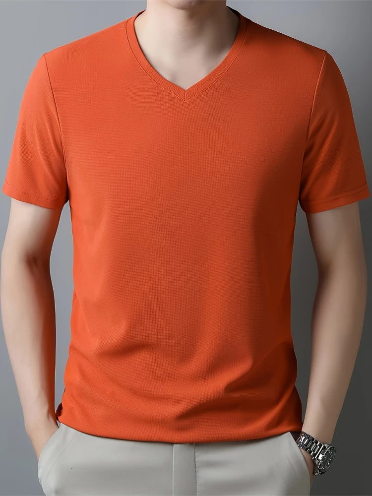 Men's Solid Color V-neck Short Sleeve T-shirt  Comfy And Breathable Tees  Men  Casual And Chic Tops  Summer Daily Wear