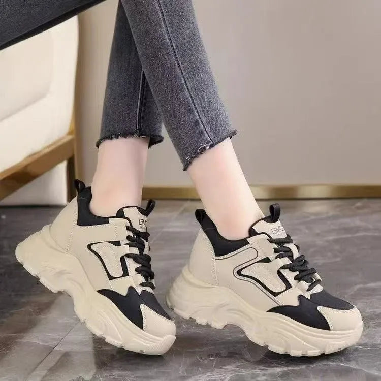Women's 2026 Spring Sneakers with Thick Bottom and Leather Face High Inner Heel Shoes Comfortable for Sports and Casual Wear