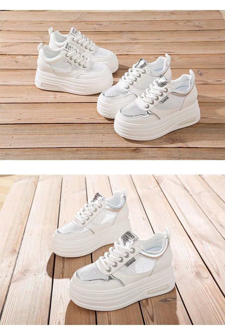 Women's White Chunky Sole Sneakers – Breathable Mesh Shoes with Thick Platform and Air Cushion for Casual Wear