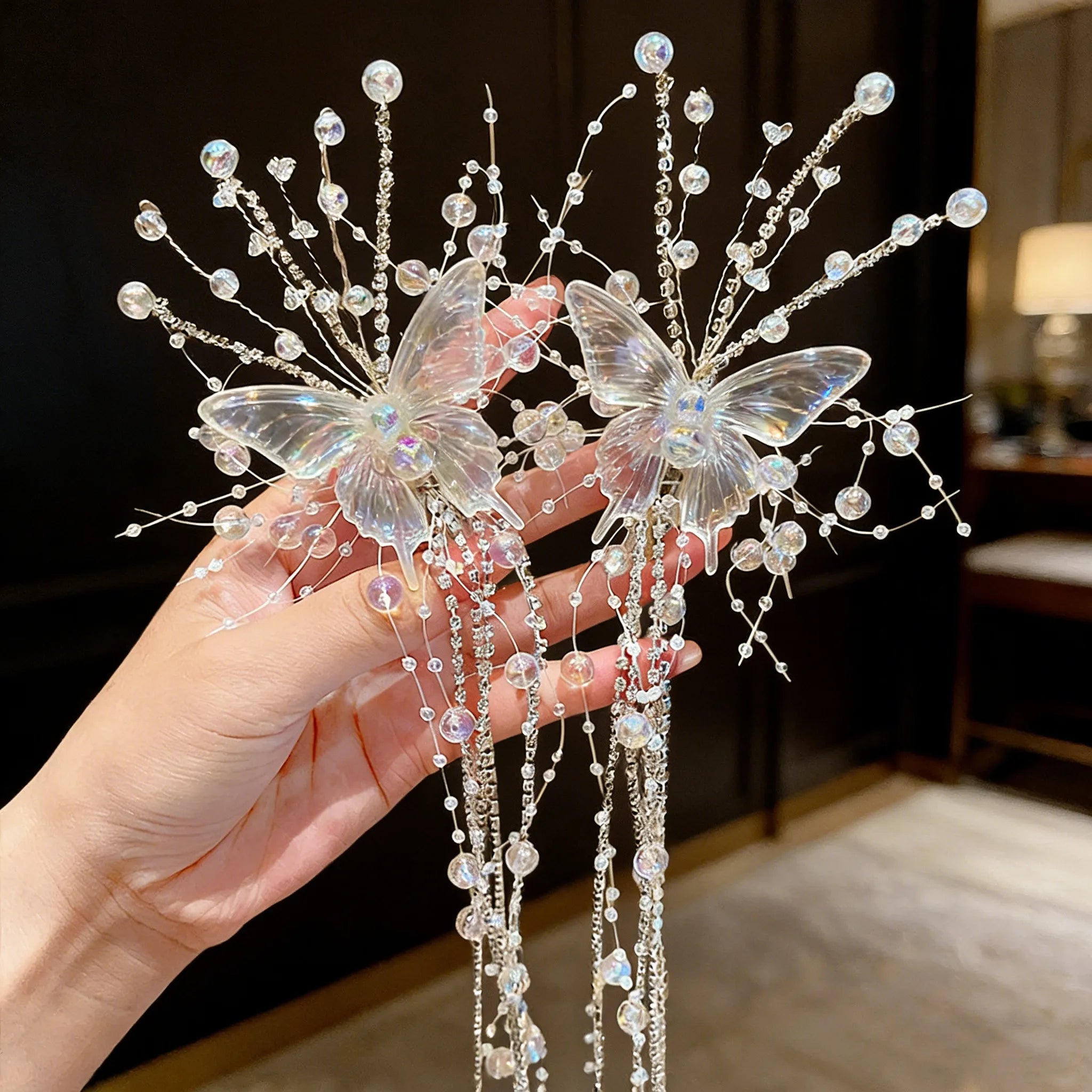 Fairy Bride Headdress BrideCourt Hair Ornament Crystal Butterfly Wings Headwe Lace Feather Fringe Hair Clip Wedding Accessories