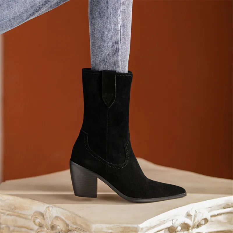 2022 New Autumn/winter Women's Boots Pointed Toe Chunky Heel Short Boots Cow Suede Western Boots Shoes for Women High Heels
