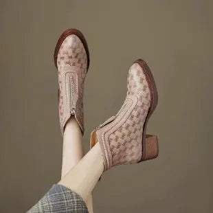 Women's Short Boots 2025 New Autumn Winter Zipper Vintage Chunky Heel Middle Heel Shoes Comfortable Warm Non Slip Fashion Boots