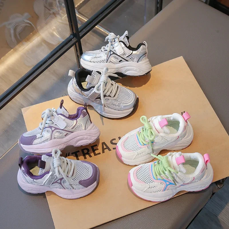 Kids Sneakers Mesh Breathable Girls Running Shoes Non-slip Thick Soft Sole New Children Sports Shoes Mesh Breathable Trendy