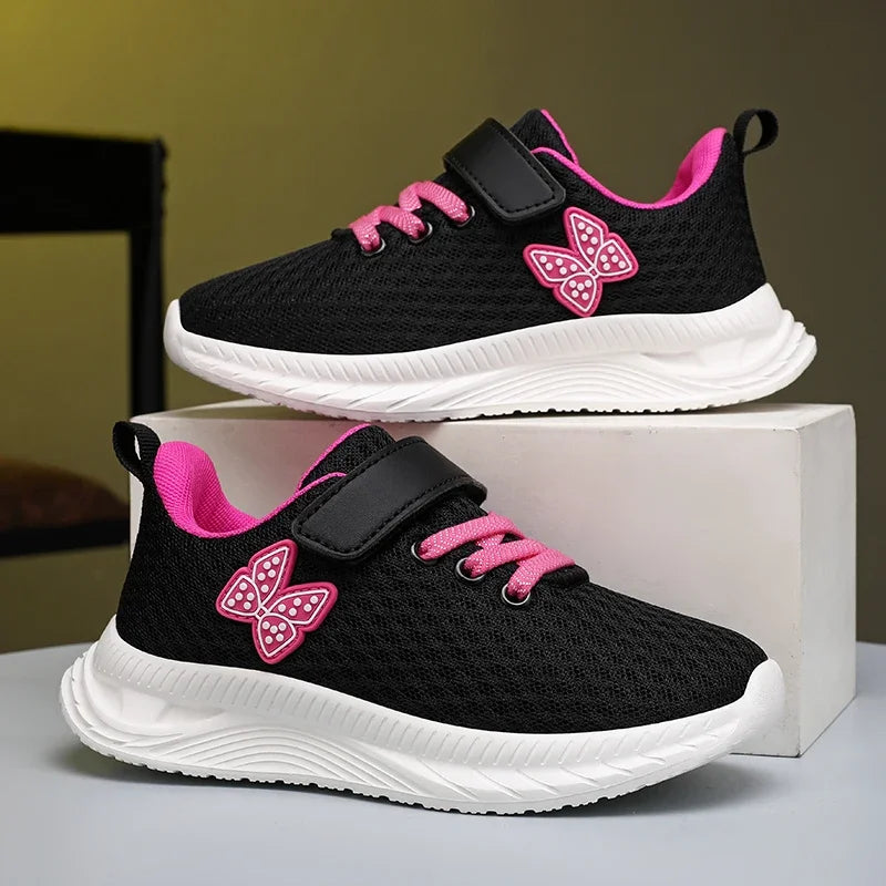 Girls Sports Running Shoes with Velcro Breathable Mesh Casual Sneakers Toddler Girl Lightweight Walking Shoes Non-Slip Sole