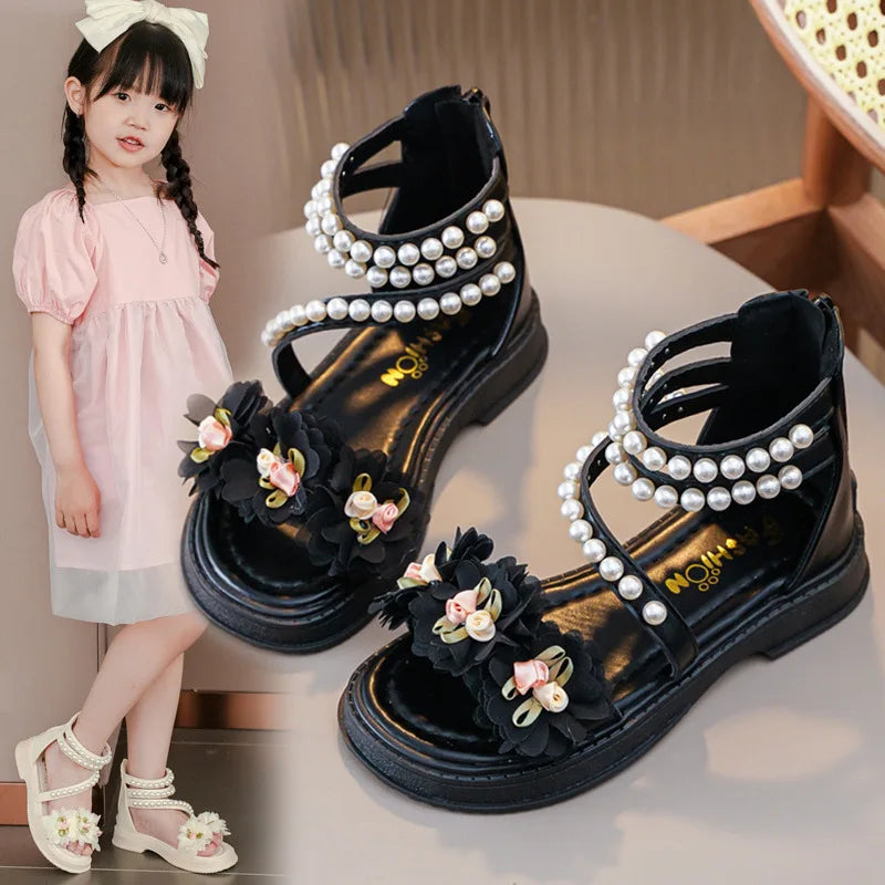 Children's Sandals Summer Bowtie Princess Shoes for Girls Fashion Sweet Kids Causal Pearl Roman Sandals Solid Color Hook Loop