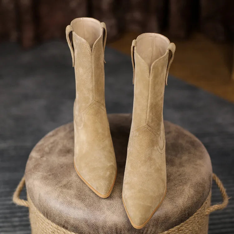 2022 New Autumn/winter Women's Boots Pointed Toe Chunky Heel Short Boots Cow Suede Western Boots Shoes for Women High Heels