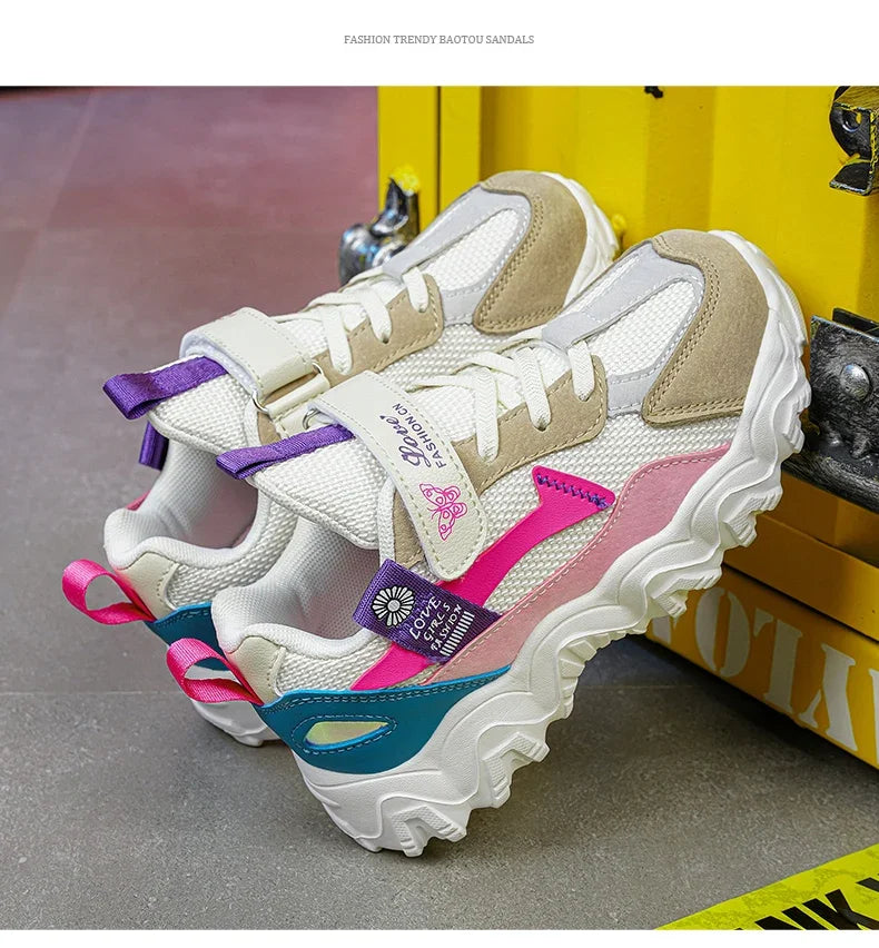 Fashion Children Shoes Girls Sneaker Black Pink PU Leather Platform Casual Sneaker School Tennis Sports Shoes for Girls