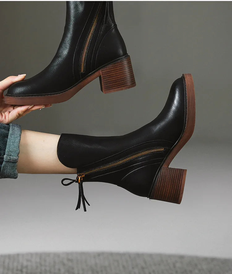 Women's Boots 2025 Spring and Autumn New Chelsea Boots Thick Heel Brown Short Leather Shoes for Women High Heels platform shoes