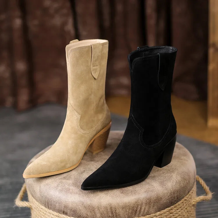 2022 New Autumn/winter Women's Boots Pointed Toe Chunky Heel Short Boots Cow Suede Western Boots Shoes for Women High Heels