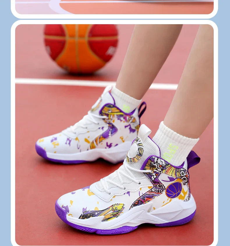 Fashion Basketball Shoes for Kids High-top Sneakers Children Casual Sports Shoes Ankle-protected Anti-slippery Gym Trainers Boys