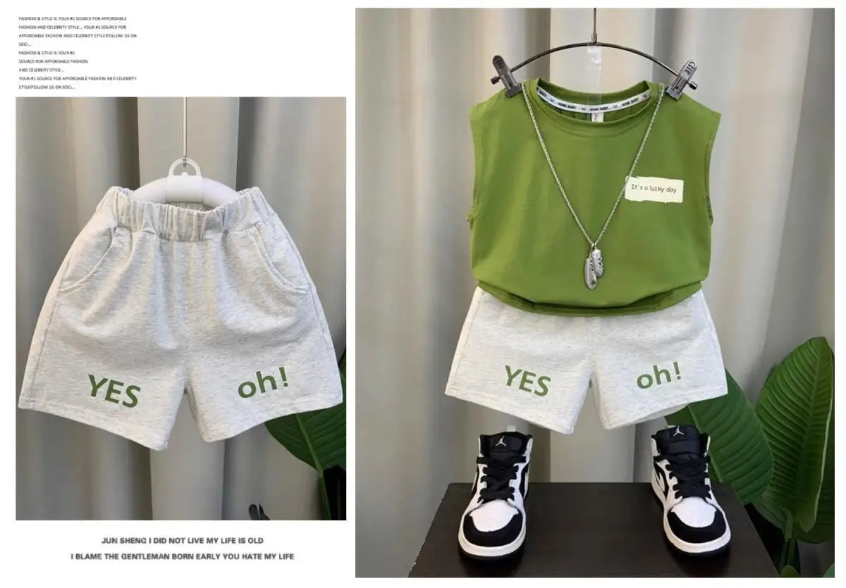 2025 New Boys Baby Girl Summer Vest Set Summer Sleeveless Fashion Boys' and Children's Handsome Two Piece Set