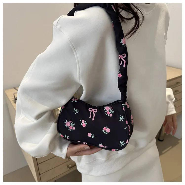 Women's Bags 2025 Summer Nylon Pleated Handbags Armpit Bag Korean Floral Bow Printed Zipper Tote Bag Female Small Shoulder Bags