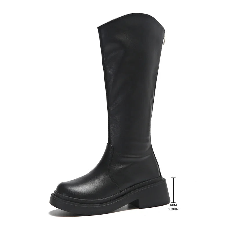 Women's High-top Fashion Boots Spring Autumn Round Toe High-Heeled Boots with Back Zipper Comfortable Simple High-Top Boots