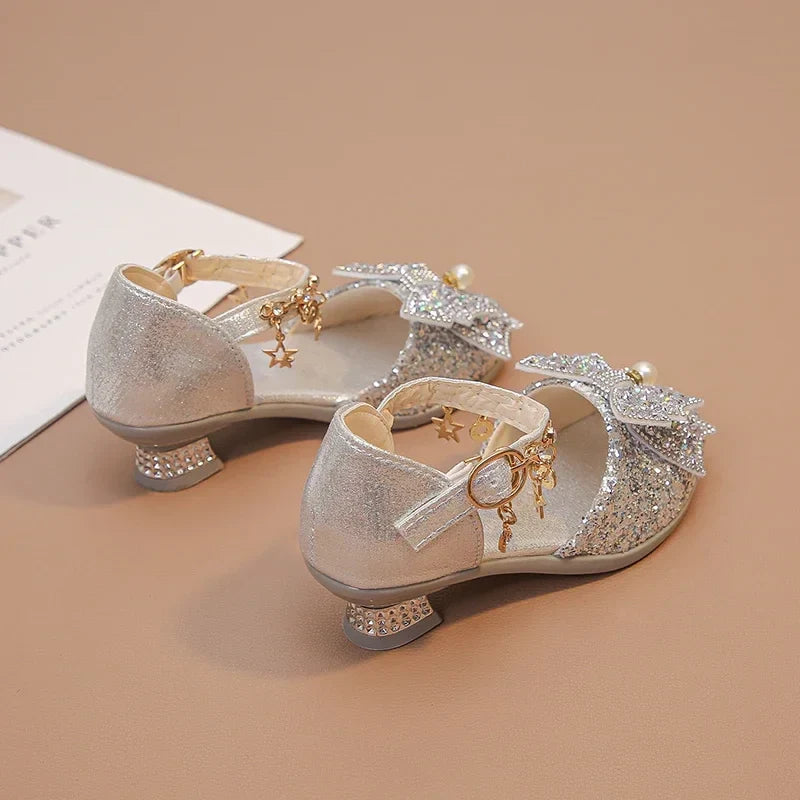 Girls High Heeled Leather Shoes High Heels for Wedding Party Glitter Rhinestone with Bow-knot Kids Dress Pendant Bling Sparkling