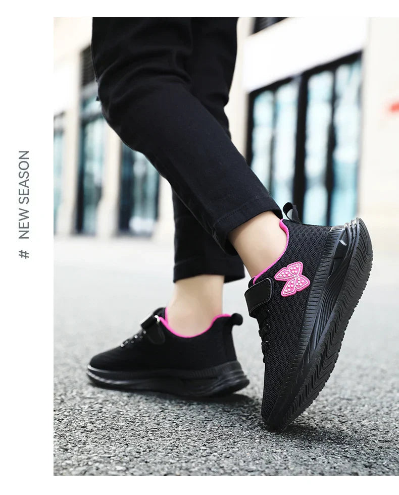 Girls Sports Running Shoes with Velcro Breathable Mesh Casual Sneakers Toddler Girl Lightweight Walking Shoes Non-Slip Sole
