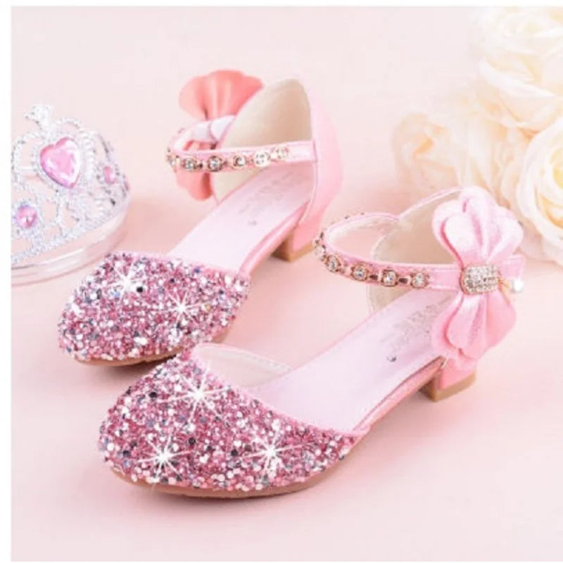 New Children Princess Beading Sandals Kids Flower Wedding Shoes High Heels Dress Shoes Party Shoes for Girls Pink Silver purple
