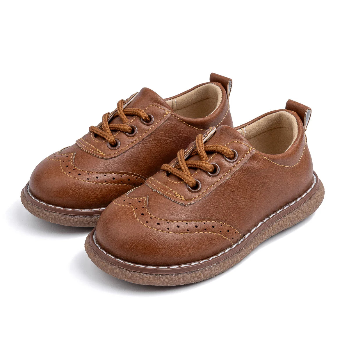 KIDSUN Children Retro Casual Leather Shoes Comfortable Breathable Rubber Soft Anti-Slip Flat Sole Lace Up Solid Color Flats Shoe