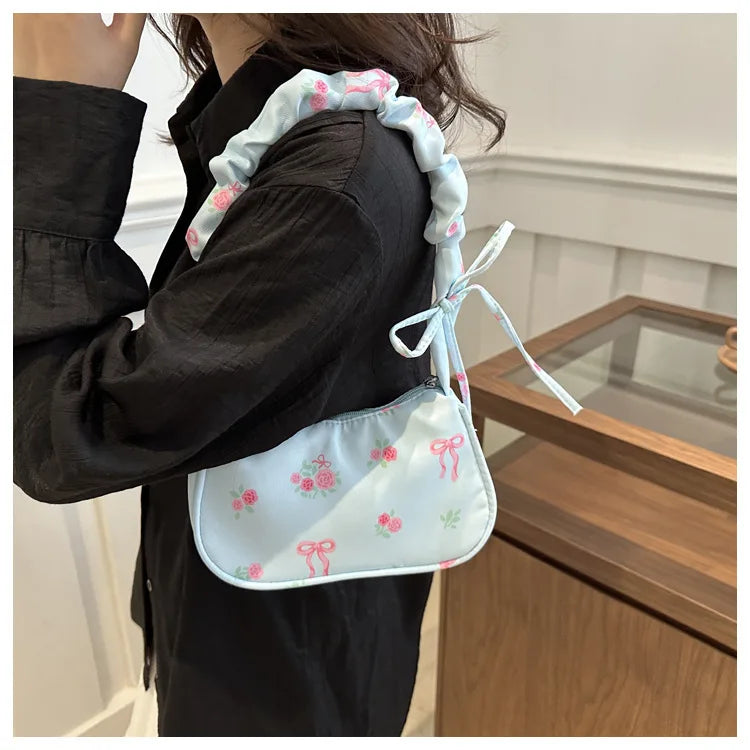Women's Bags 2025 Summer Nylon Pleated Handbags Armpit Bag Korean Floral Bow Printed Zipper Tote Bag Female Small Shoulder Bags