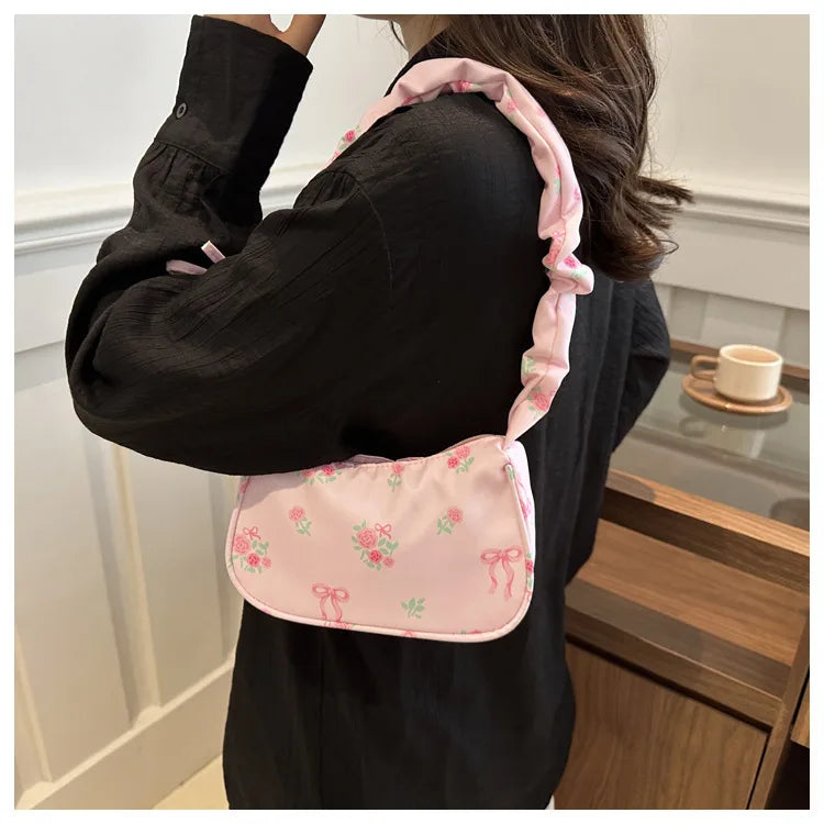 Women's Bags 2025 Summer Nylon Pleated Handbags Armpit Bag Korean Floral Bow Printed Zipper Tote Bag Female Small Shoulder Bags