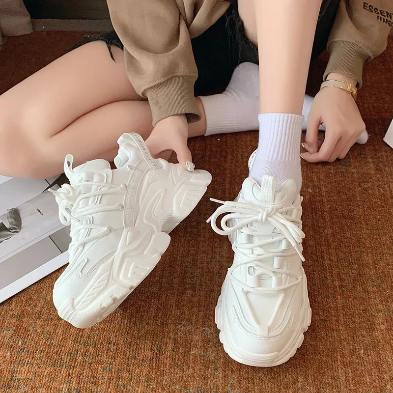 Platform Sneakers for Women Fashion White Lace Up Running Shoes Casual Comfortable Round Toe Chunky Sport Shoes Zapatos De Mujer