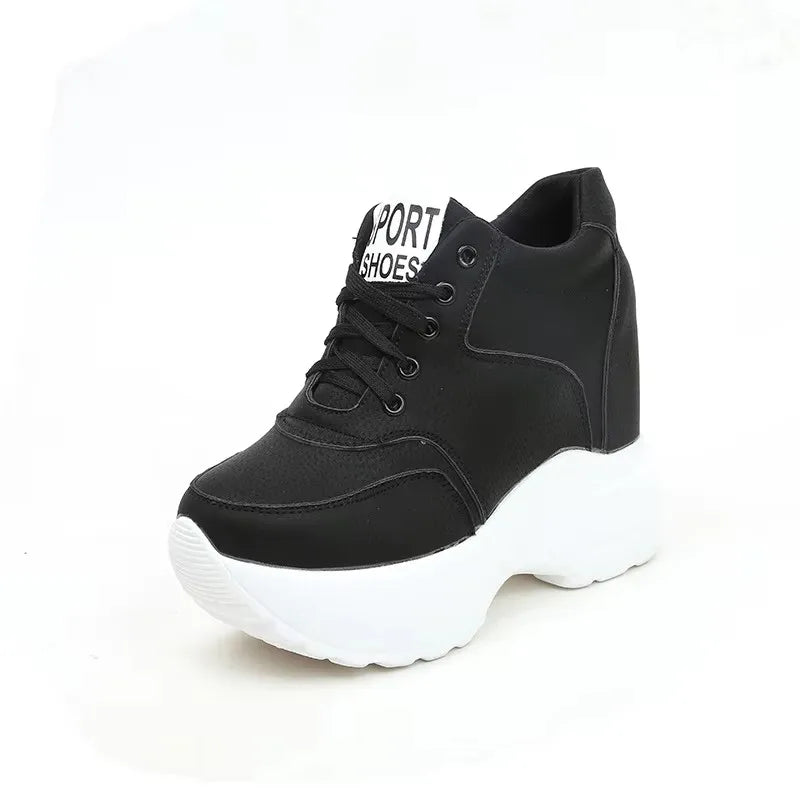 Women's Vulcanize Shoes PU Leather White/Black/Pink Sneakers For Woman Fashion High Heels Chunky Sneakers Female Platform Shoes