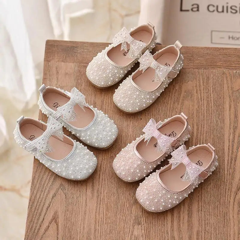 Girl's Princess Shoes Children's Fashion Bow Rhinestone Leather Kids Shoe 2025 New Baby Girls Party Student Flat Shoes