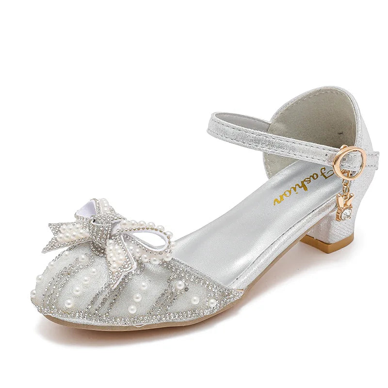 Girls' Bow Sandals Fashion Princess Shoes for Party Wedding 2025 Summer New Kids Rhinestone High Heels Children's Leather Shoes