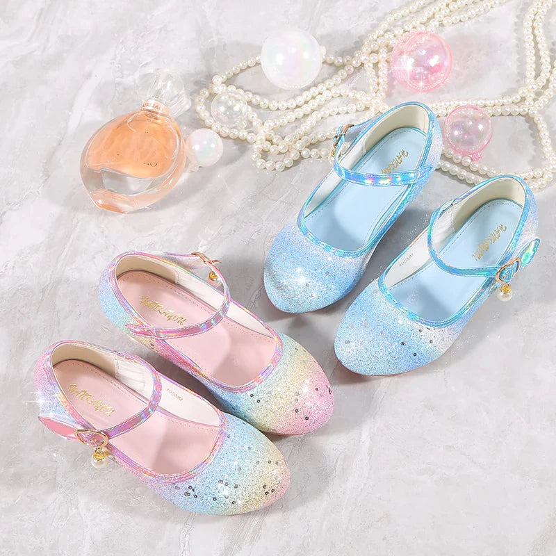 YUNICUS Girls High Heels Princess Shoes Students Children's Single Shoes Little Girl Performance Sequins Glitter Leather Shoes