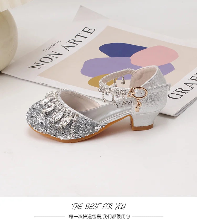 Girls' high-heeled princess shoes model catwalk show silver children's dress shoes shiny stage crystal sandals