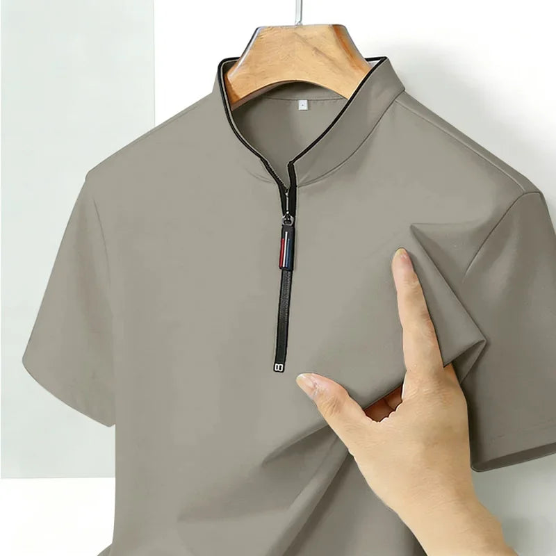Men's Short Sleeve Stand Collar T-Shirt Summer Casual Business Half-Zip Top Breathable Solid Color Slim Fit Male Daily Wear